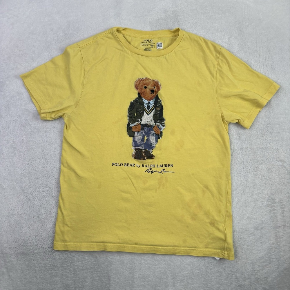 Polo Ralph Lauren Yellow Short Sleeve Graphic Polo Bear Shirt Distressed Kids L